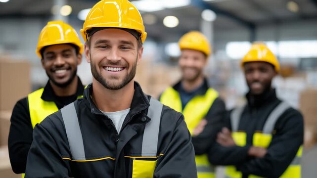Close-up of warehouse team in safety gear, hands on hips or crossed, smiling confidently, industrial warehouse background softly blurred, highlighting teamwork and professional suc