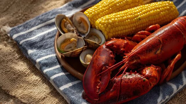 Close-up overhead shot of a beach picnic with lobster, corn on cob, and clams, seafood glistening with steam, textured blanket beneath, glowing sunset reflecting off shells, relaxe