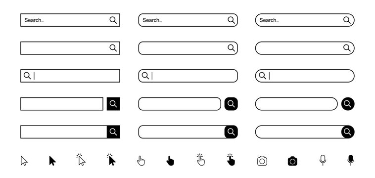 Search bar window page internet browser button, search UI box template isolated, various shape search bar boxes set icon with navigation buttons collection