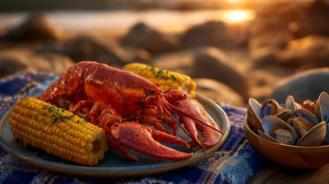 Coastal cookout scene featuring steaming lobster and corn on cob on a blanket, fresh clams in a ceramic bowl, soft golden sunlight illuminating sand and ocean, warm and inviting be