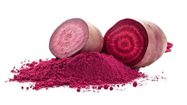 A vibrant beetroot powder and sliced beets on transparent background