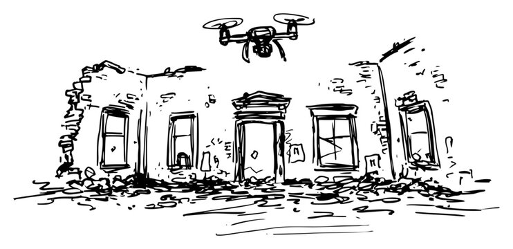 Drone flying over ruined building in war zone black and white sketch