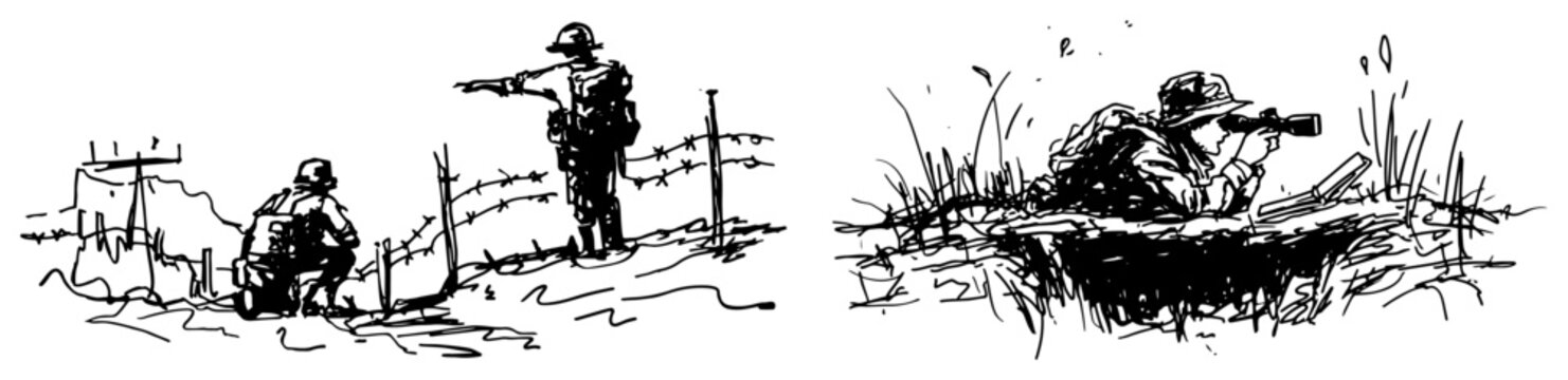 Soldiers patrolling near barbed wire and scouting from trench military sketch