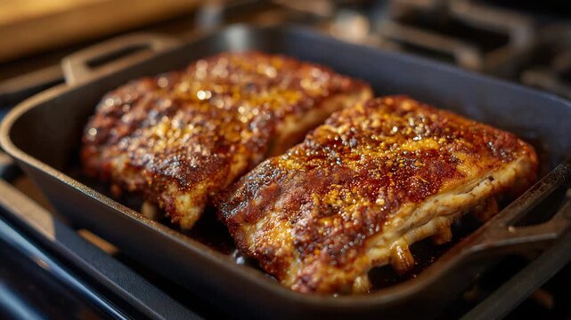 Conceptual food photography close-up of dry rub pork ribs resting in a cast iron tray on a stove top, rich brown tones, crisp seasoning, shallow depth of field, visual emphasis on