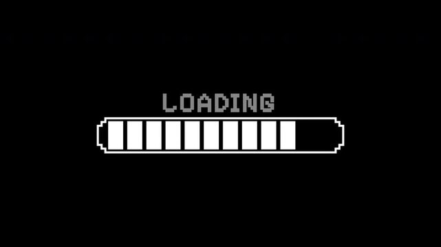 8 bit loading white animation, from loading to complete progress, retro game start, pixel art, 4k video with black background