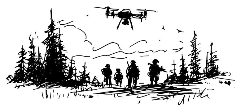 Soldiers patrolling forest with military surveillance drone hovering above in hand drawn sketch style