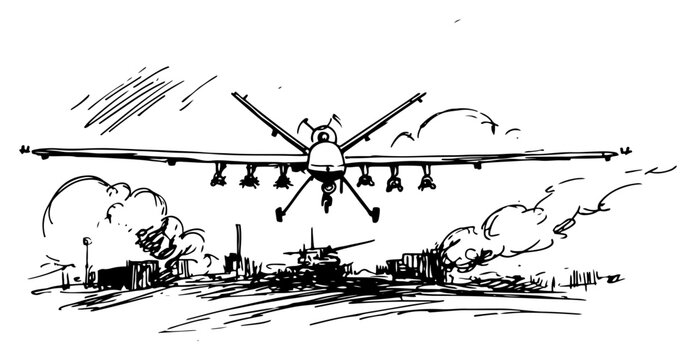 predator drone uav flying above burning tanks on battlefield sketch style