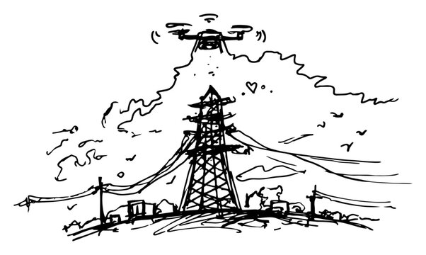 drone inspecting high voltage electrical pylon tower in ink drawing style