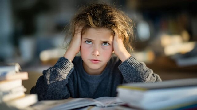 Conceptual shot of a young girl stressed by schoolwork, books and notebooks piled around her, hands on face, warm light casting soft shadows, subtle clutter emphasizing pressure an
