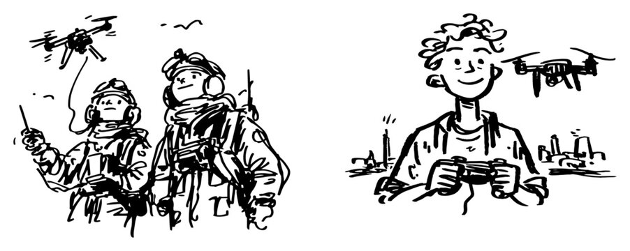 Military pilots and civilian hobbyist operating drones with remote controllers sketch style