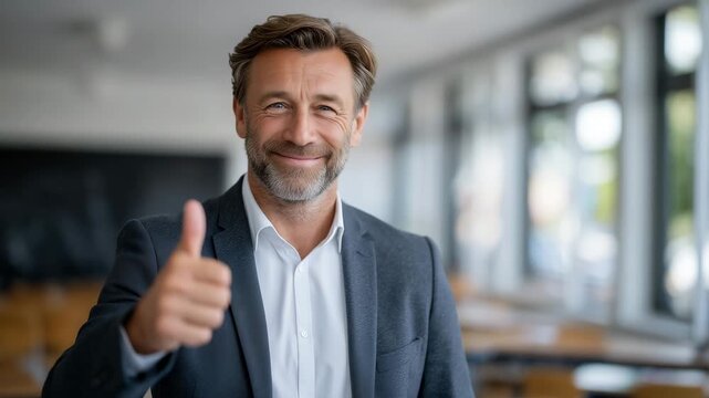 Confident school principal giving a thumbs-up gesture while posing in a classroom, friendly expression, chalkboard and windows in background, bright and positive learning environme