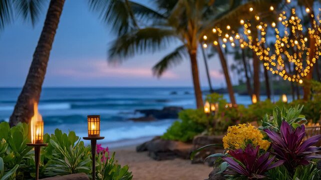 Cozy Hawaii beach scene at dusk, fire torches burning brightly, Hawaiian icon lights twinkling between palm trees, calm waves in background, warm tropical glow perfect for vacation