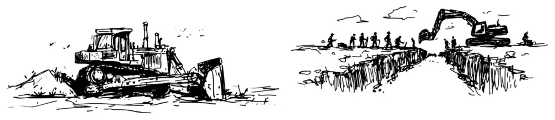 Bulldozer and excavator digging long trench with workers on construction site black and white sketch © AdrianGebert