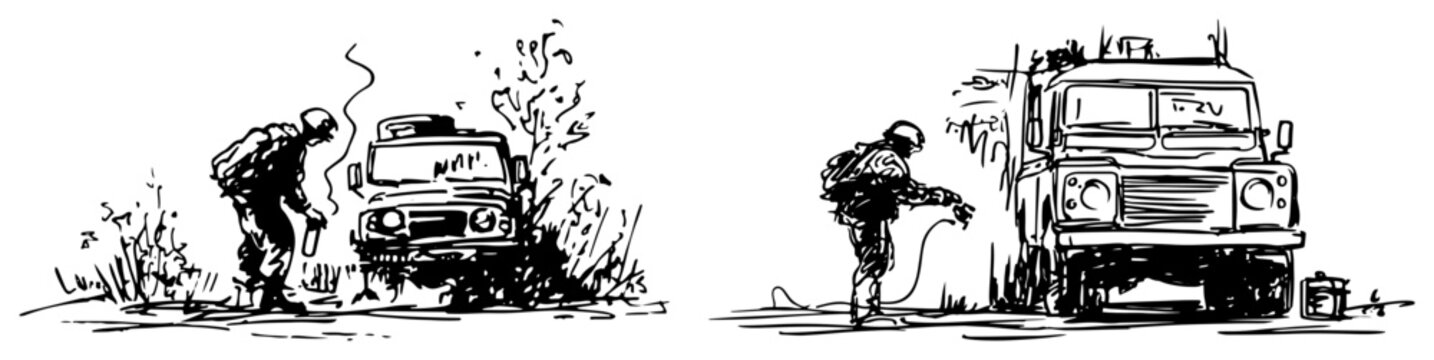 Military off road vehicle and soldier in field in detailed ink sketch style