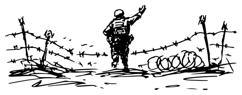 Soldier standing guard at a barbed wire border fence in a hand drawn sketch style