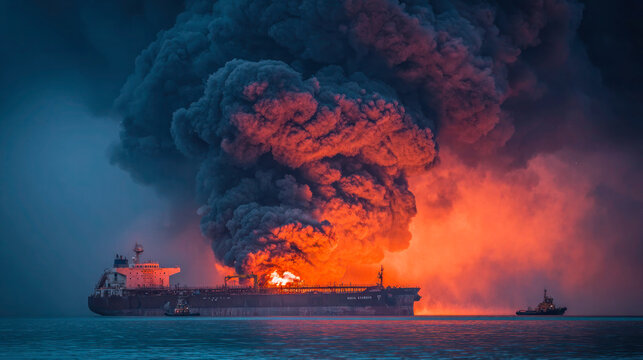 Burning oil tanker at sea with massive smoke plume and fire