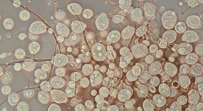 Microscopic View of Yeast Cells Undergoing Budding Process.