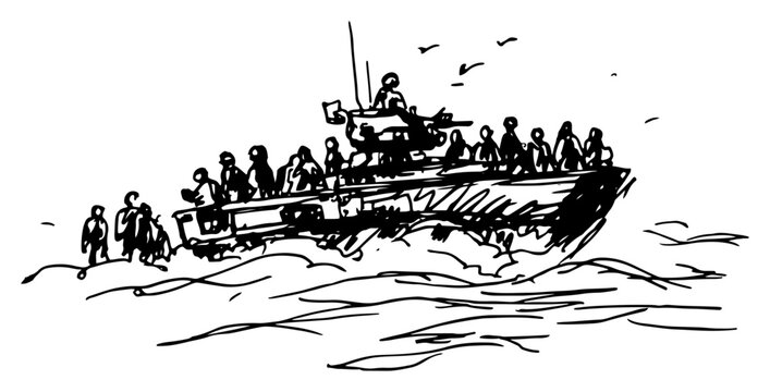 Landing craft transport boat full of soldiers at sea in hand drawn sketch style