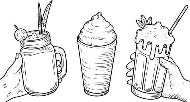 Milkshake drinks vector set, hand drawn smoothies and shakes in glasses dessert beverage illustration