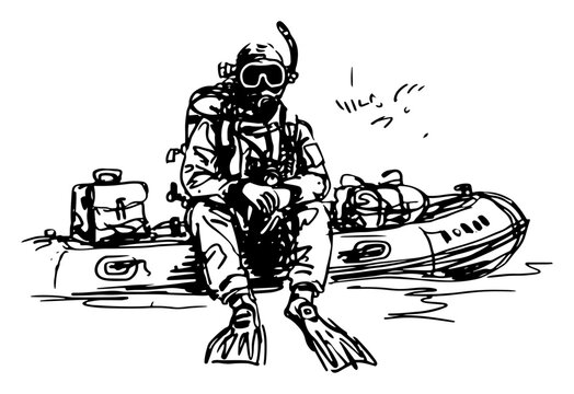 Combat diver sitting on inflatable rubber boat in hand drawn sketch style