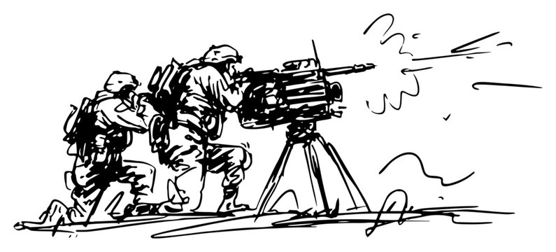 Soldiers firing heavy machine gun on tripod during combat mission sketch style