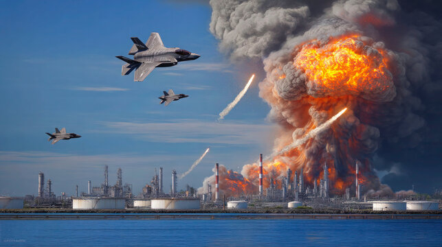 Airstrike on Iranian oil refinery with massive explosion and fighter jets