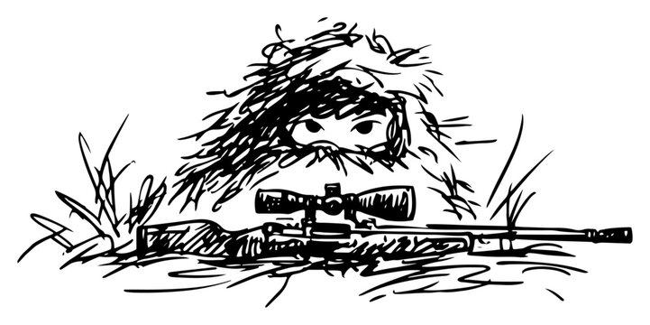 Sniper in ghillie suit camouflage aiming long range rifle in grass sketch style