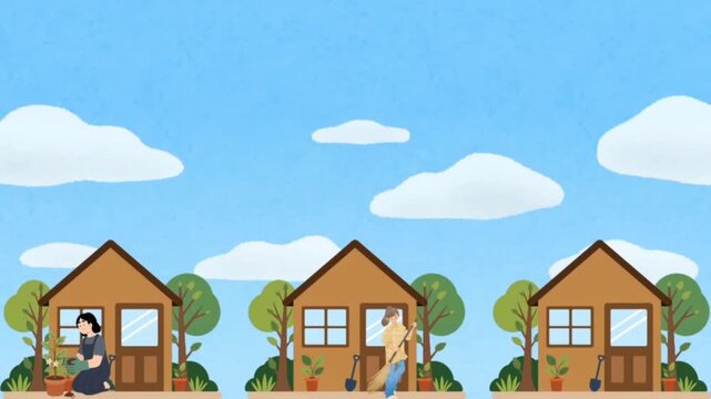 Video Illustration Daily Activities Around Homes Under the Blue Sky