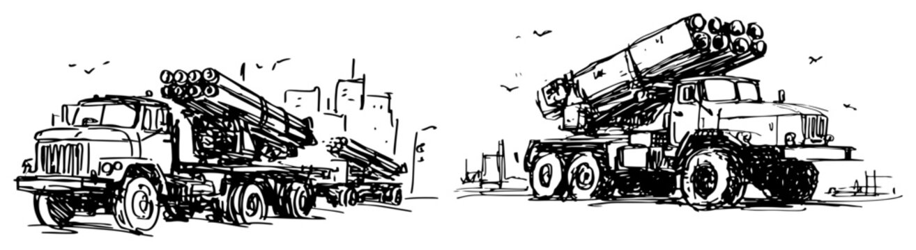 Multiple rocket launcher trucks stationed on battlefield black and white sketch