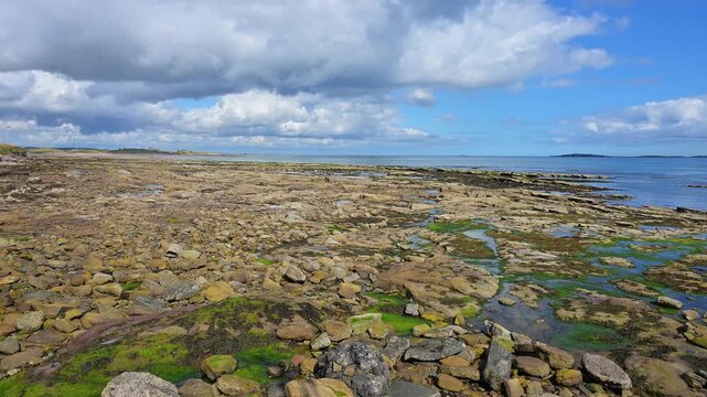 Felsiges K&uuml;stengebiet mit Blick auf das Meer unter einem bew&ouml;lkten Himmel, Seahouses, Northumberland, England, Gro&szlig;britannien