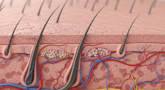 Detailed Cross-Section of Human Skin Showing Hair Follicles and Sebaceous Glands.