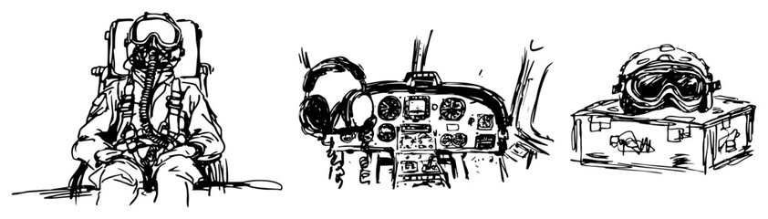 Obraz premium Aviation pilot in cockpit with flight gear and dashboard in hand drawn sketch style