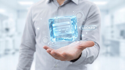 Fototapeta premium Frozen data security concept with glowing locked credit card icon in ice cube hovering above businessman open palm, conveying protection, encryption and cold storage confidence