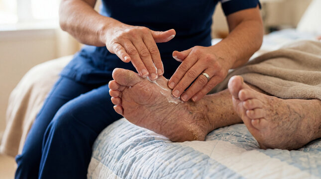Caregiver applying lotion to elderly foot, foot care, moisturizing, senior care, in home care, healthcare worker, healthcare setting