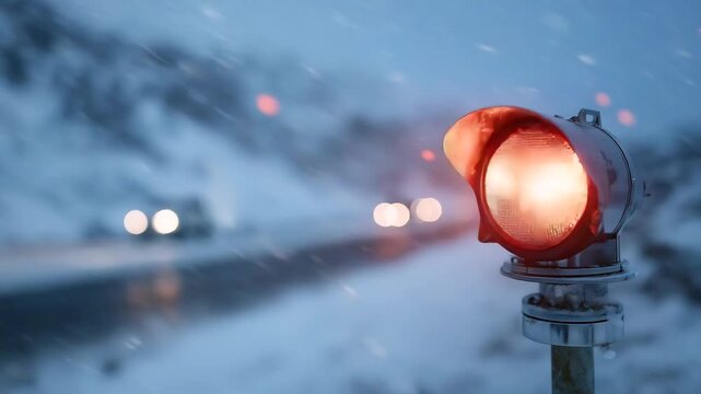 Extreme close-up of a police flasher light, glowing red with subtle halo, snowflakes softly illuminated in foreground, shallow focus on siren lens, reflective metallic mount visibl