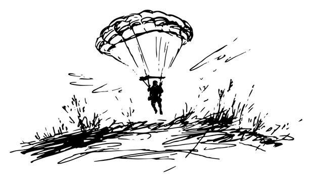 Paratrooper landing on field with open parachute in hand drawn sketch style