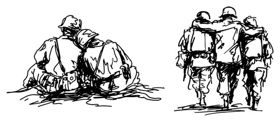 Naklejka premium Soldiers supporting a wounded comrade and resting together in a hand drawn sketch style