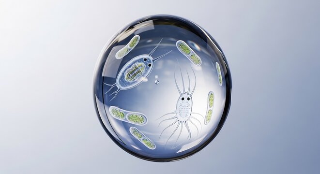 Microscopic World in a Water Droplet: Bacteria and Microorganisms Revealed.