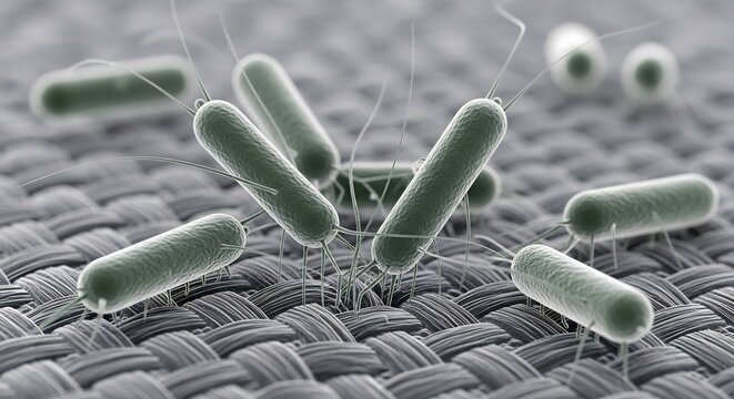Microscopic View of Rod-Shaped Bacteria on Textile Surface.