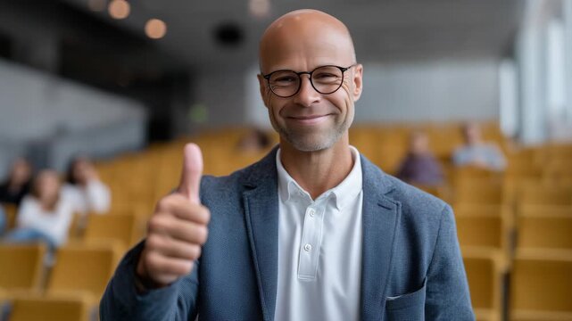 Friendly university director giving a thumbs-up gesture and smiling directly at the camera, lecture hall seating blurred in the background, soft studio-style lighting blended with