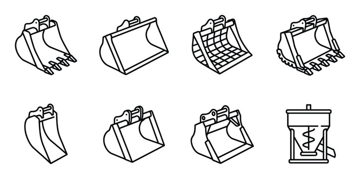Excavator buckets and attachments for heavy construction machinery outline icons set