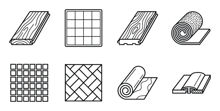 Flooring materials and surface patterns icons of wood planks and ceramic tiles with carpet rolls
