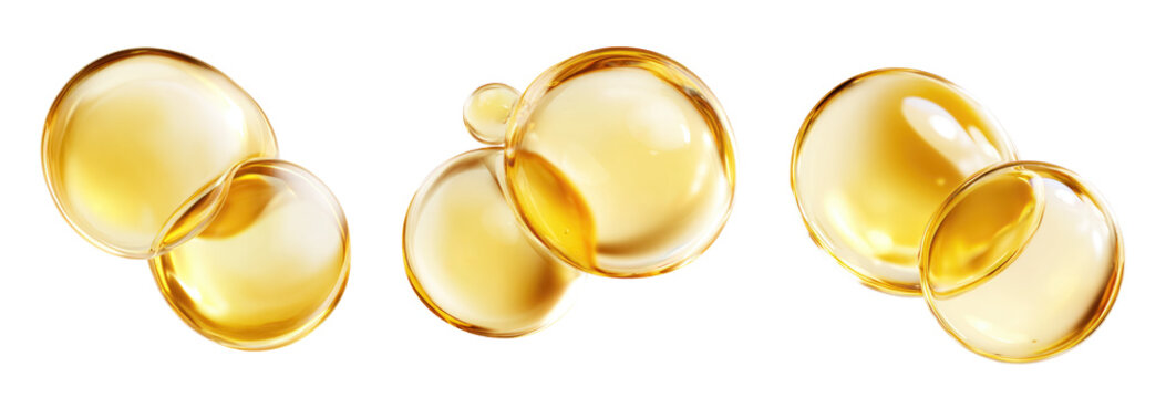 Two golden oil bubbles set isolated on transparent background. cosmetic serum, skincare product style. PNG