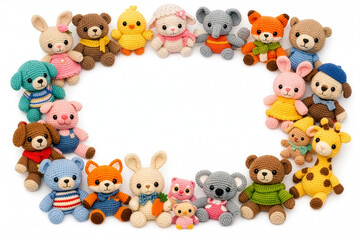 Fototapeta premium A charming collection of handmade crochet animal toys arranged in a oval frame, isolated on white background. Perfect for nursery themes, product displays and children’s content.