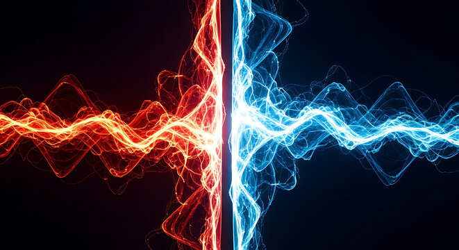 Dynamic red and blue lightning bolts clash on dark background representing power and energy collision