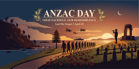 ANZAC Day Sunset Memorial Illustration with Soldiers Silhouette, Lest We Forget Tribute. ANZAC Day Remembrance Landscape with Soldiers, Poppies and War Memorial Scene © Ocha Designs