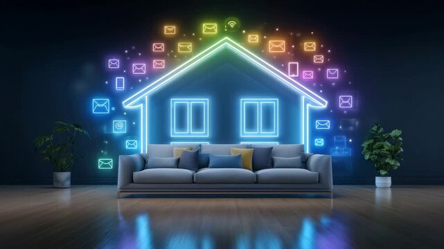 Illustration of sleek modern living room with luminous house outline, colorful email icons suspended within, subtle reflections on polished floor and glass furniture, smart home se