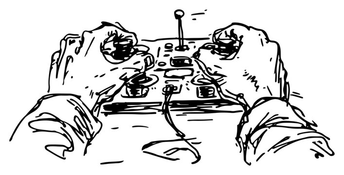 Hands operating a remote control unit with joysticks for a drone or robot in a hand drawn sketch style