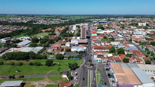 Aerial drone view of Bady Bassitt city in Sao Paulo state, Brazil. Residential neighborhoods, urban development and expansion of a small Brazilian town in the countryside
