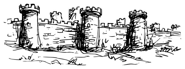 Medieval stone castle with towers and fortified walls in hand drawn sketch style © AdrianGebert